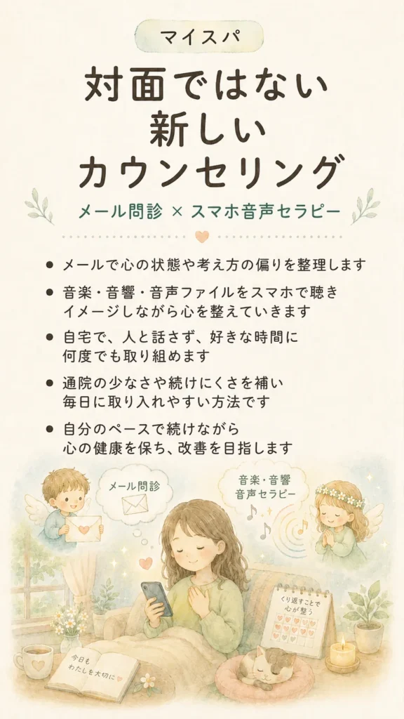 スマホで音声セラピーを聴き、心と体を整えるマイスパの仕組み:対面ではないカウンセリング