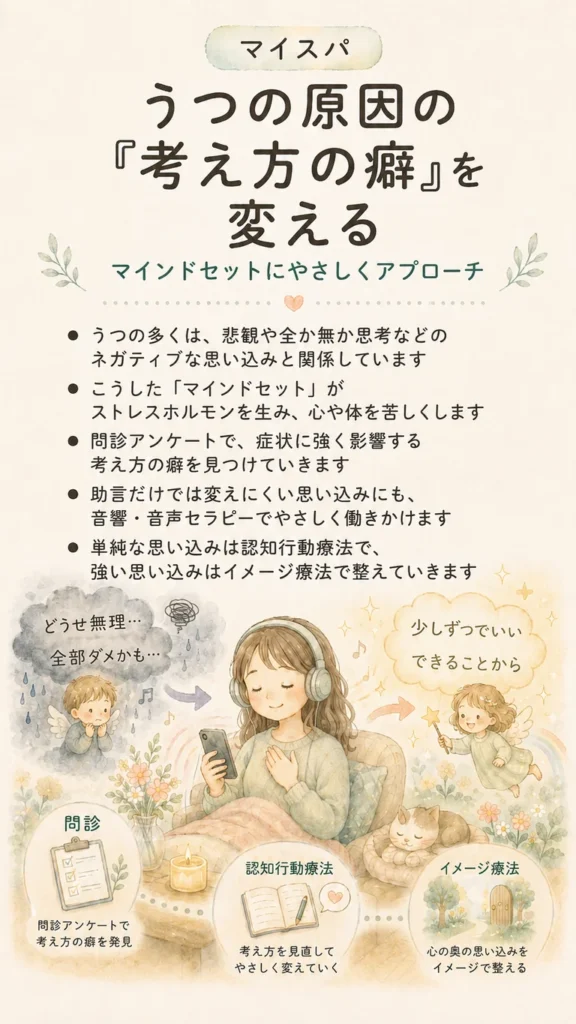 スマホで音声セラピーを聴き、心と体を整えるマイスパの仕組み:うつの原因の考え方のクセを変える
