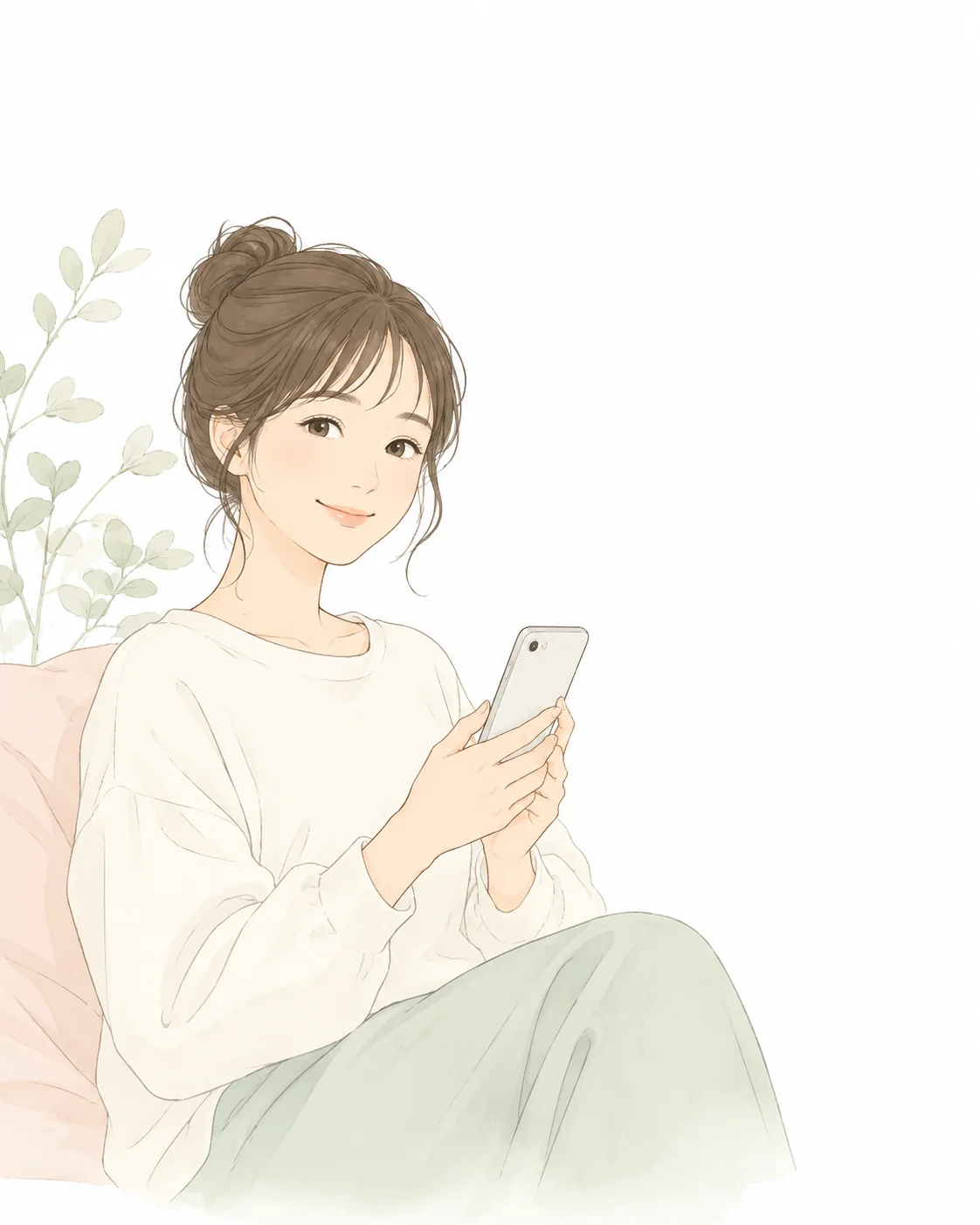 スマホを見ながら安心した表情の女性